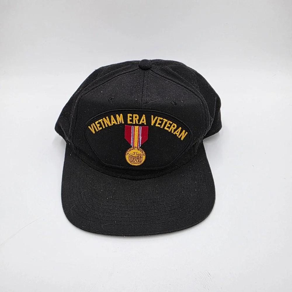 Vietnam Era Veteran Black Snapback Hat National Defense Medal YoungAn Hat Co